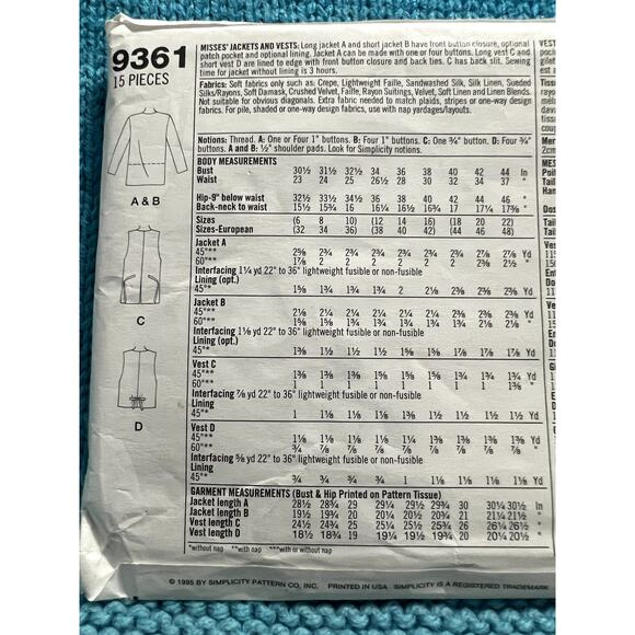Simplicity 9361 Sewing pattern jacket vest 1990s size 18 20 22 - Picture 4 of 5